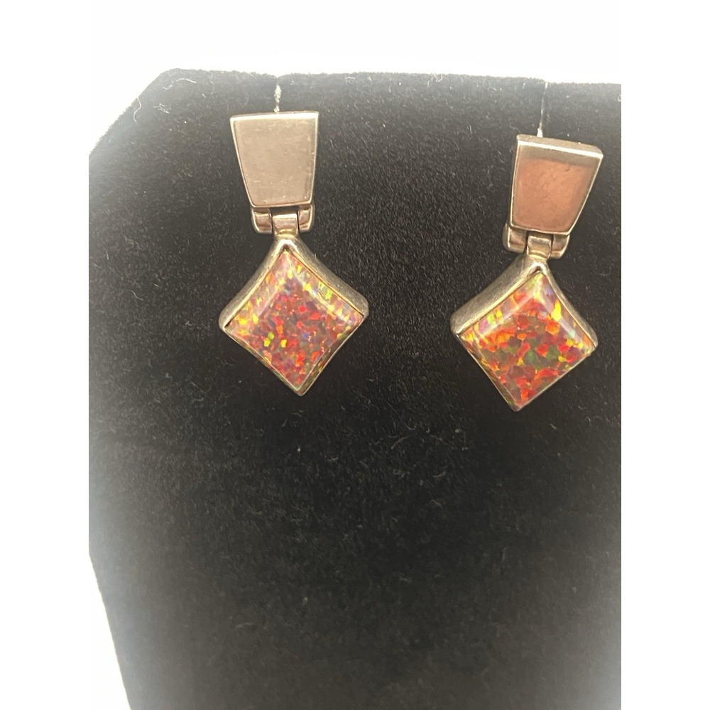 Red Multicolor Synthetic Or Doublet Opals In Geometric Pattern Sterling Earrings